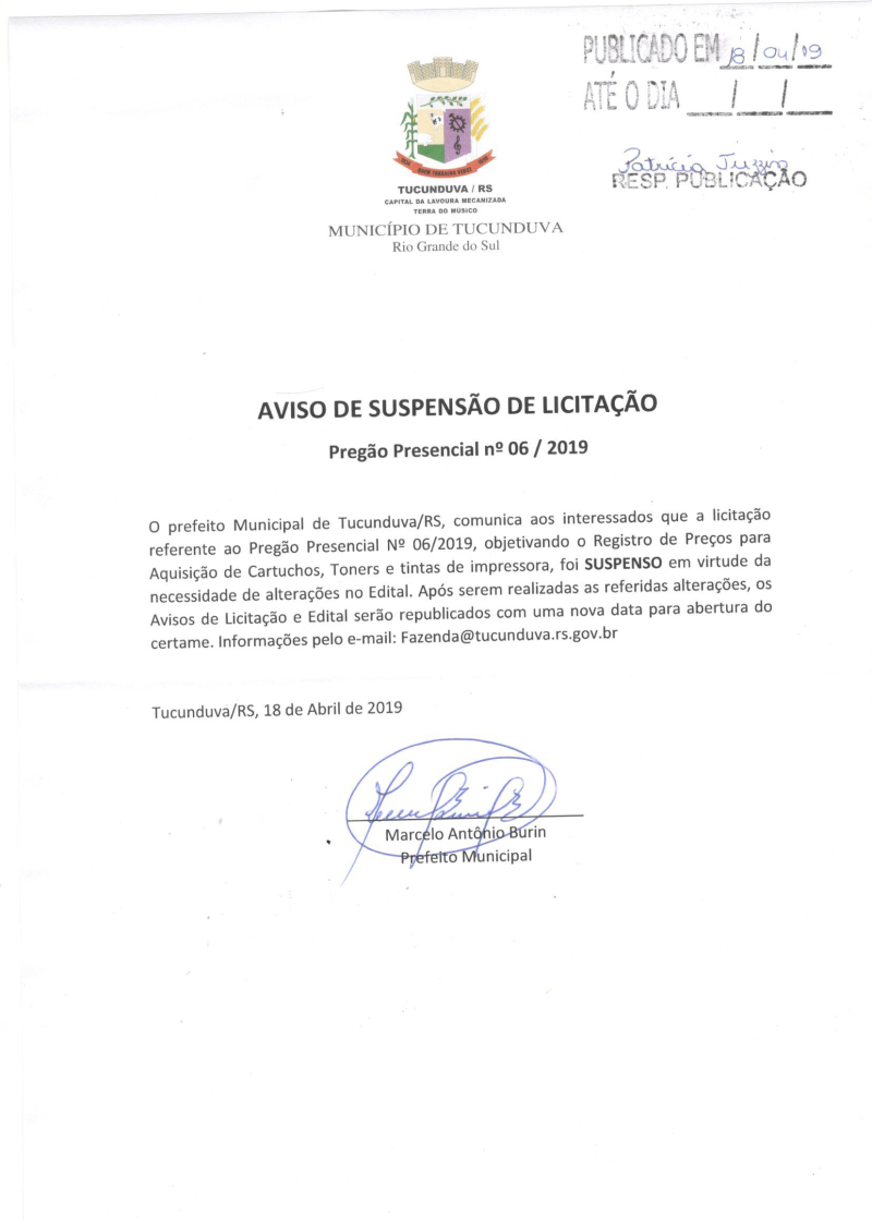 AVISO DE SUSPENSÃO - PREGÃO PRESENCIAL 06/2019